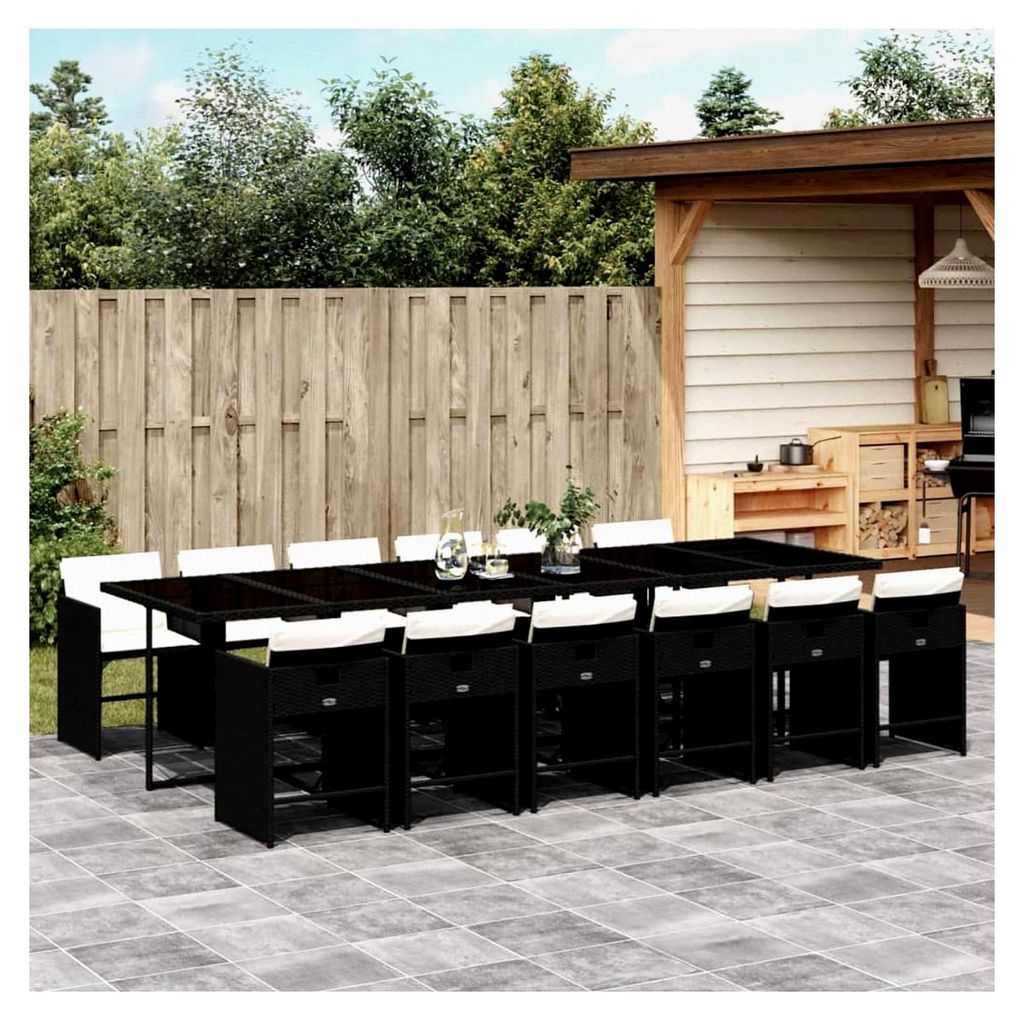 Gartenmöbel Set Rattan für 12 Personen mit Tisch und Stühlen in Schwarz und Creme - 13-teilig