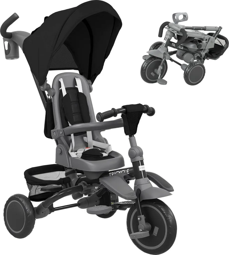 Poussette 6 en 1 pliable avec siège rotatif 360° et trois roues noires