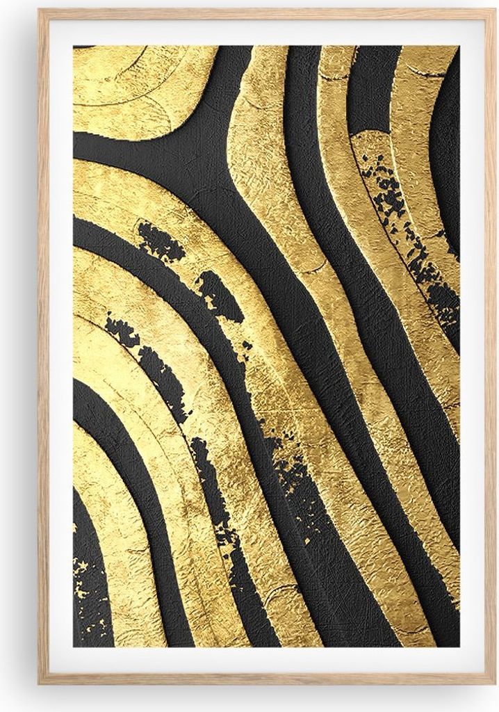 Gerahmtes Poster - Rahmen in heller Eiche - Abstraktion dreidimensional Gold - 61x91,5 cm - Wand Bild - Wanddeko - Wandbilder - Kunstposter - Wandp...
