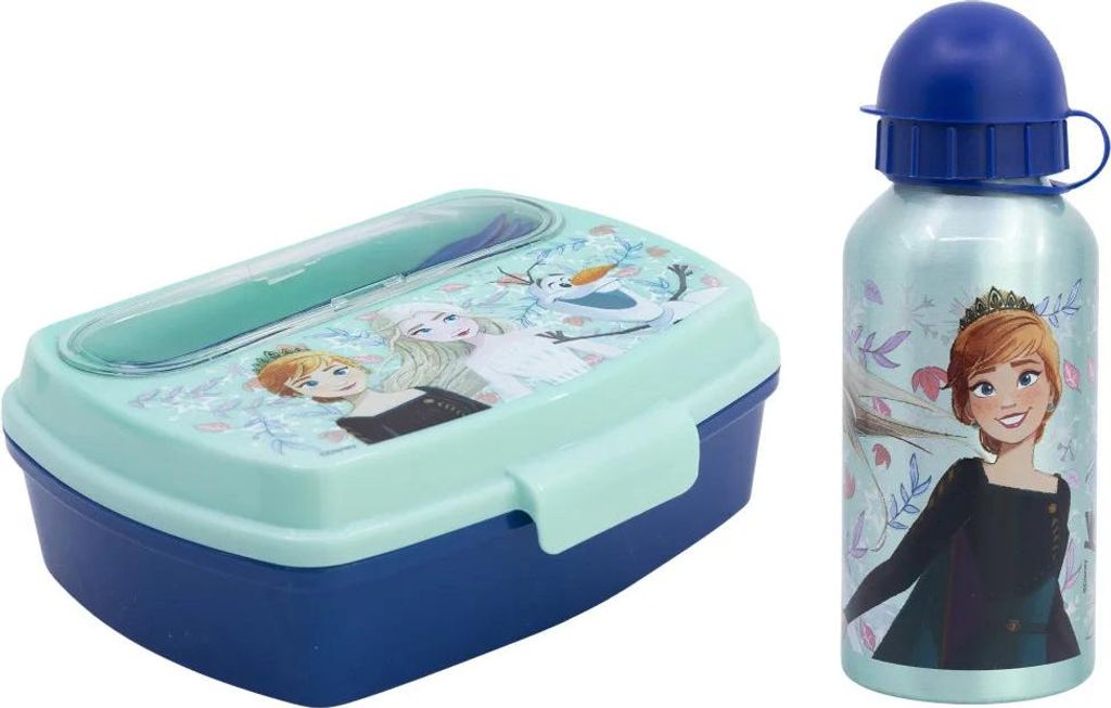 Disney Die Eiskönigin 4 tlg Kinder Lunch Set Brotdose Alu-Trinkflasche Besteck
