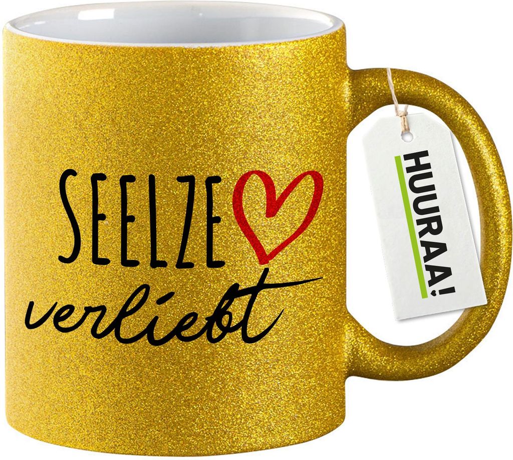 Huuraa Glitzertasse Seelze verliebt 330ml Gold Keramik Kaffeebecher Geschenkidee