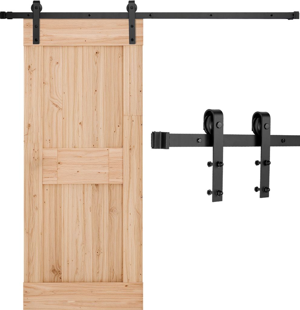 A wooden sliding door and its black metal hardware are displayed against a white background.