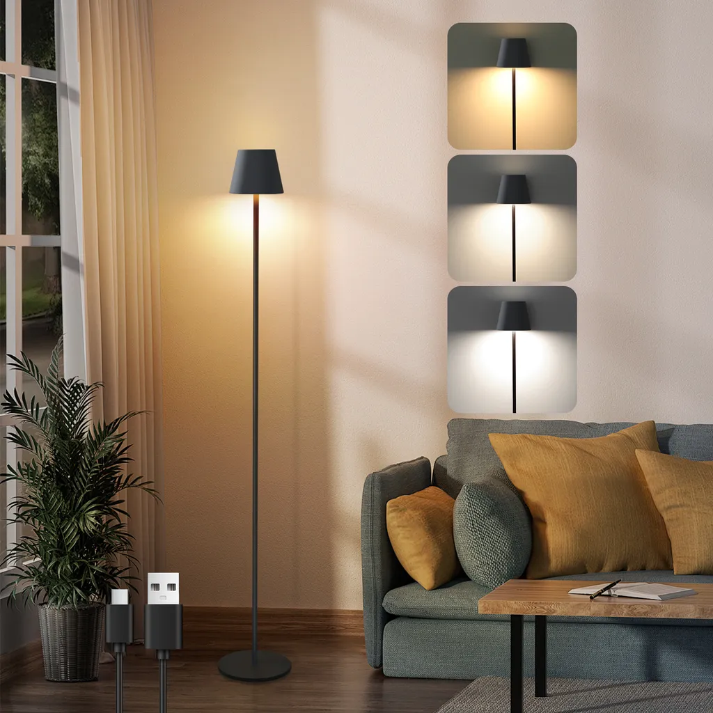 Lampe de Sol LED Moderne Noire Rechargeable USB 3 Couleurs pour Bureau