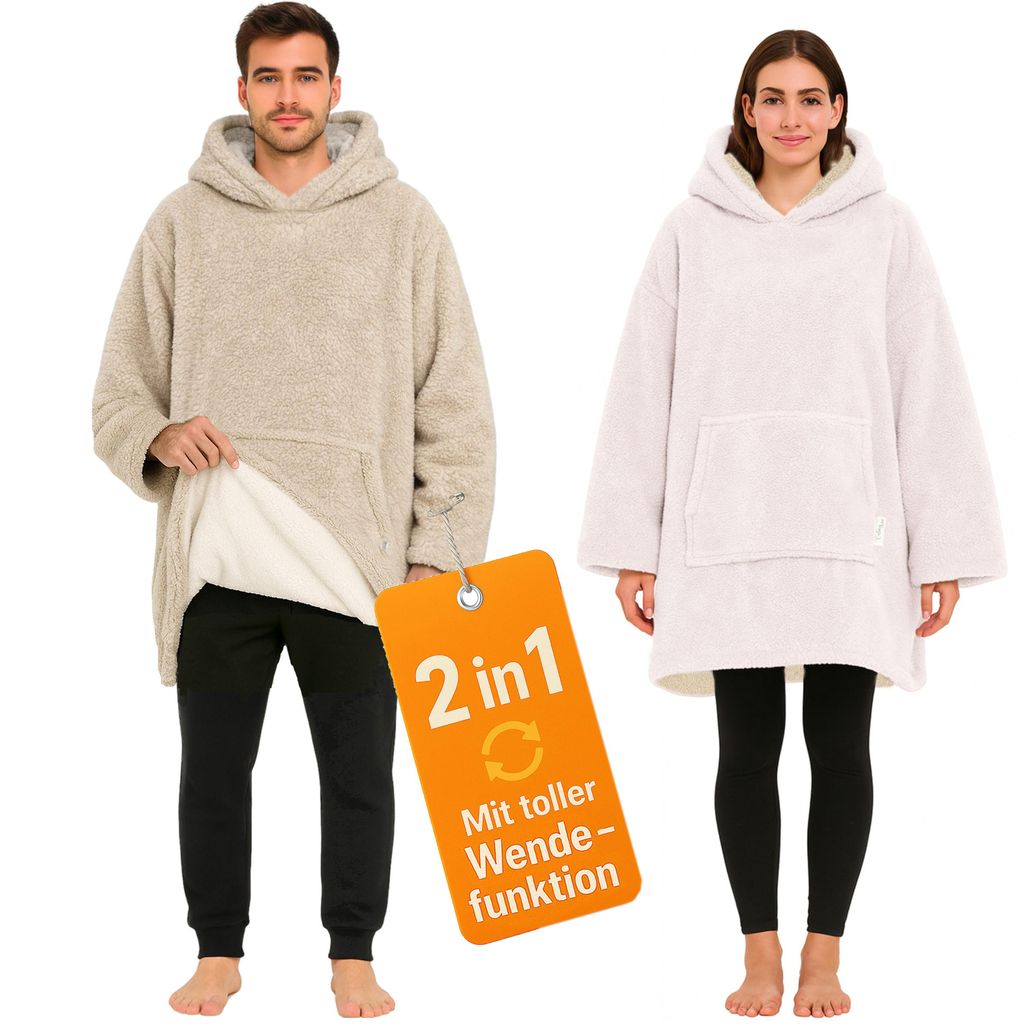 Hoodie Decke mit Ärmeln Sherpa Wende Deckenpullover Oversize Kuscheldecke zum anziehen Kuschelponcho Damen Herren Poncho Blanket Pullover Beige/Weiss