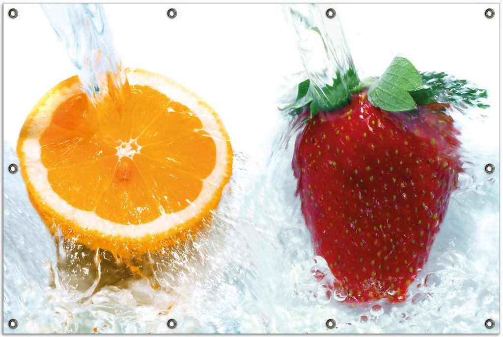 Wallario Outdoor-Poster für Garten oder Balkon, Motiv Frische Früchte übergossen mit Wasser I, in ca. 100 x 150 cm