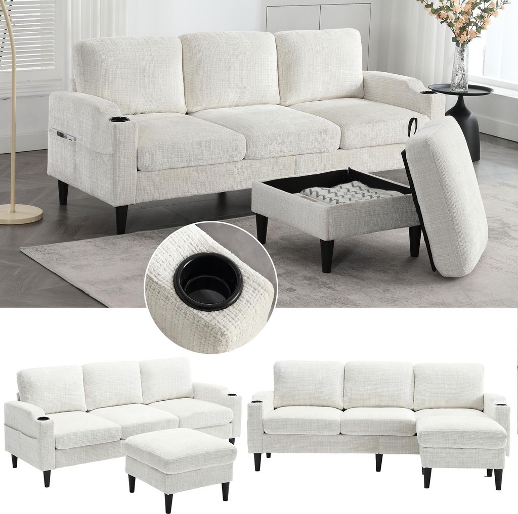 Sweiko Elegantes Sofa mit Hocker & Stauraum – 4-Sitzer mit bequemen Armlehnen, Getränkehalter, Seitentaschen & robusten Kunststofffüßen, Samtb...
