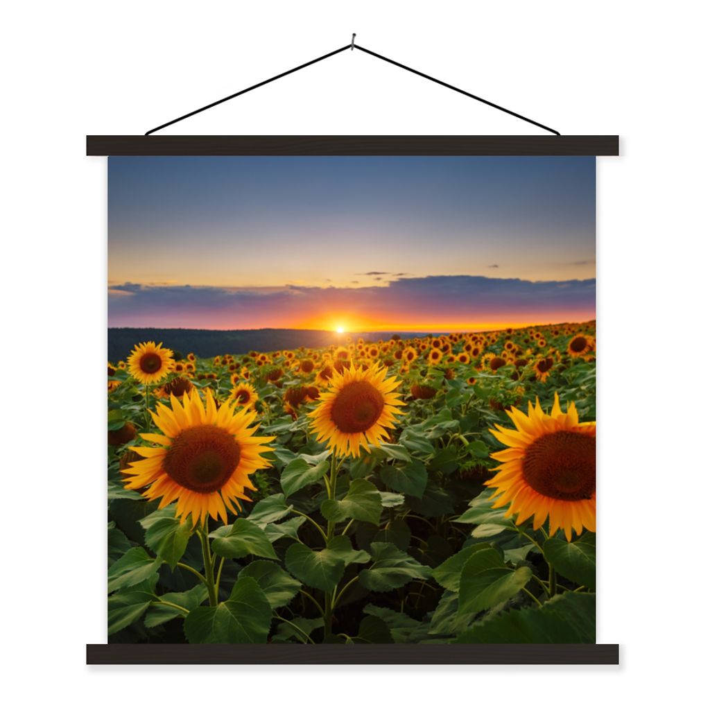 MuchoWow Textilposter Blumen - Nacht - Sonnenuntergang - Sonnenblume - Horizont 90x90 cm mit schwarzem Rahmen - Magnetisches