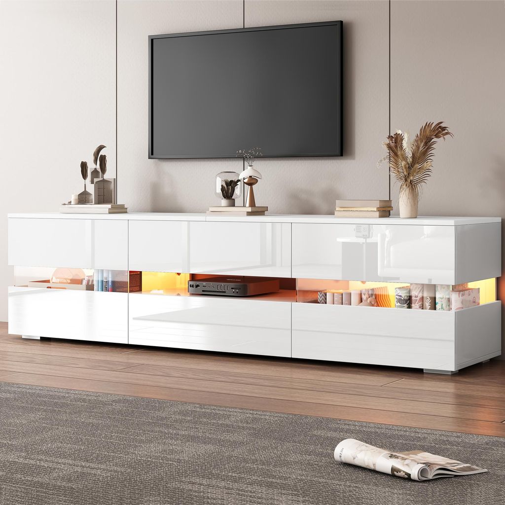 Moderner weißer Hochglanz-TV-Schrank, 160x39x45 cm, mit LED-Beleuchtung, 2 Türen, 1 Schublade, offenes Fach, geeignet für 70-Zoll-Fernseher – ...