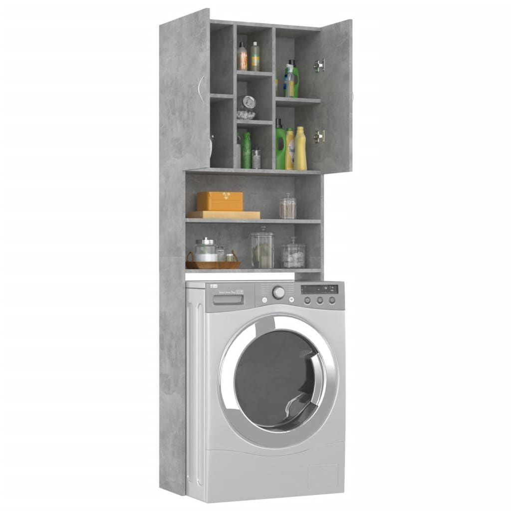 Mobile Contenitore Per Lavatrice Grigio 64x25,5x190 Cm - Armadio Stretto Con 2 Ante E 3 Scomparti, In Legno Ingegnerizzato