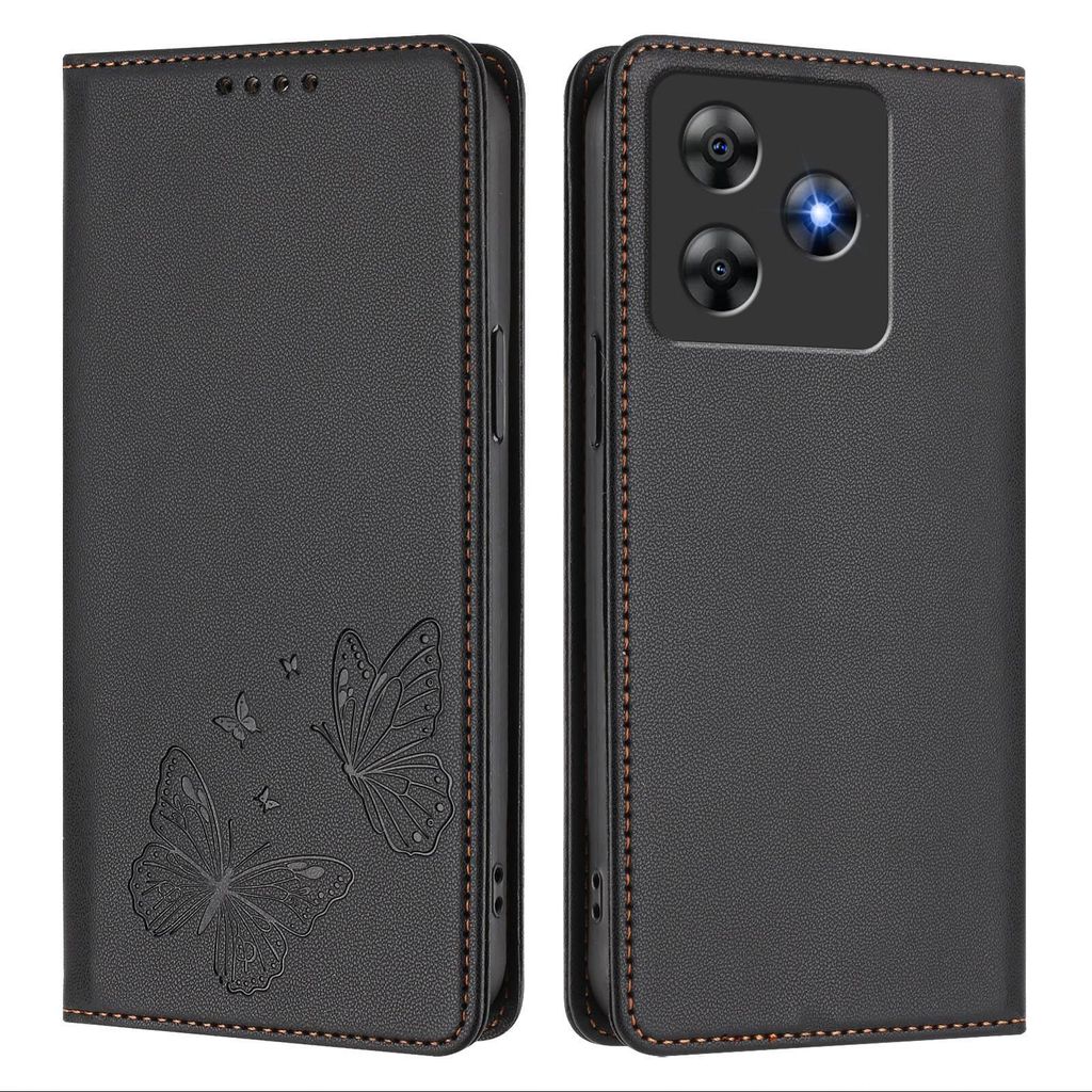 Lederhülle für Blackview Wave 8 /Wave 8C, Schmetterling Prägung Leder Brieftasche Schutzhülle mit Ständer Schwarz