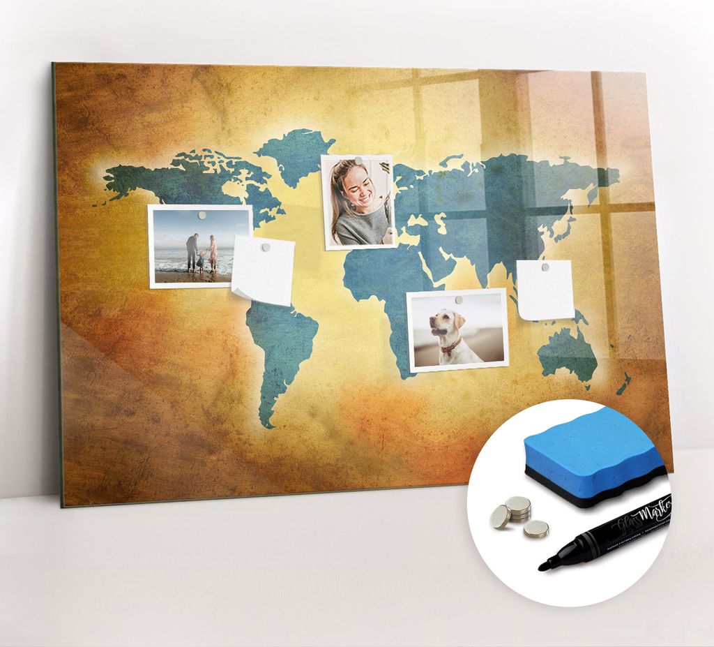 Magnetpinnwand Memoboard - Zubehörsatz - Schwarzer Marker + Schwamm + Magnete - 90 x 60 cm - Alte Weltkarte