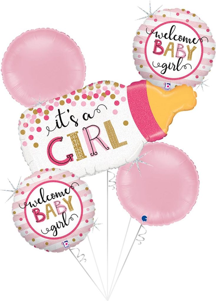 Folieballonnen: Boeket geboorte confetti fles Mädchen - 5 stuks