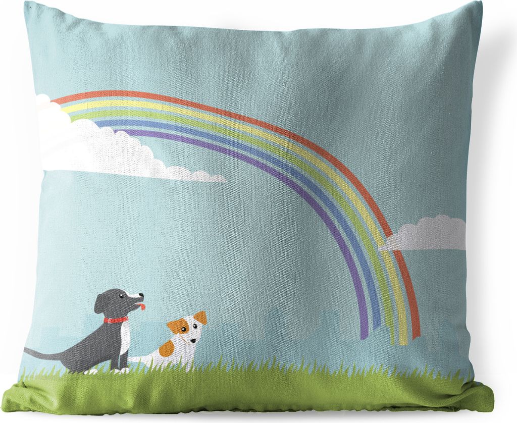MuchoWow Outdoor Kissen - Eine Illustration von zwei Hunden unter einem Regenbogen - 45x45 cm - Wetterfest - Lounge Kissen - Fotokissen - Dekorat...