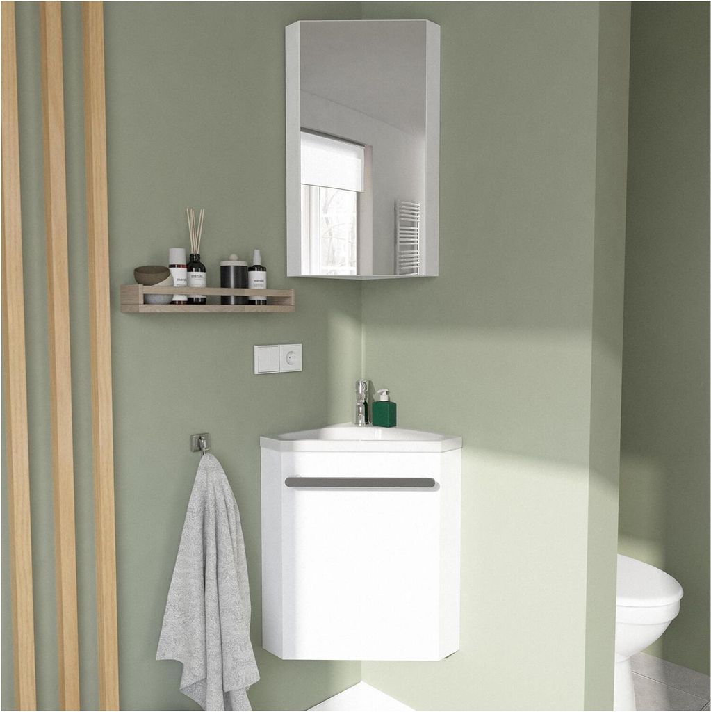 Eckwaschbecken + Wasserhahn + SKINO-Schrank
