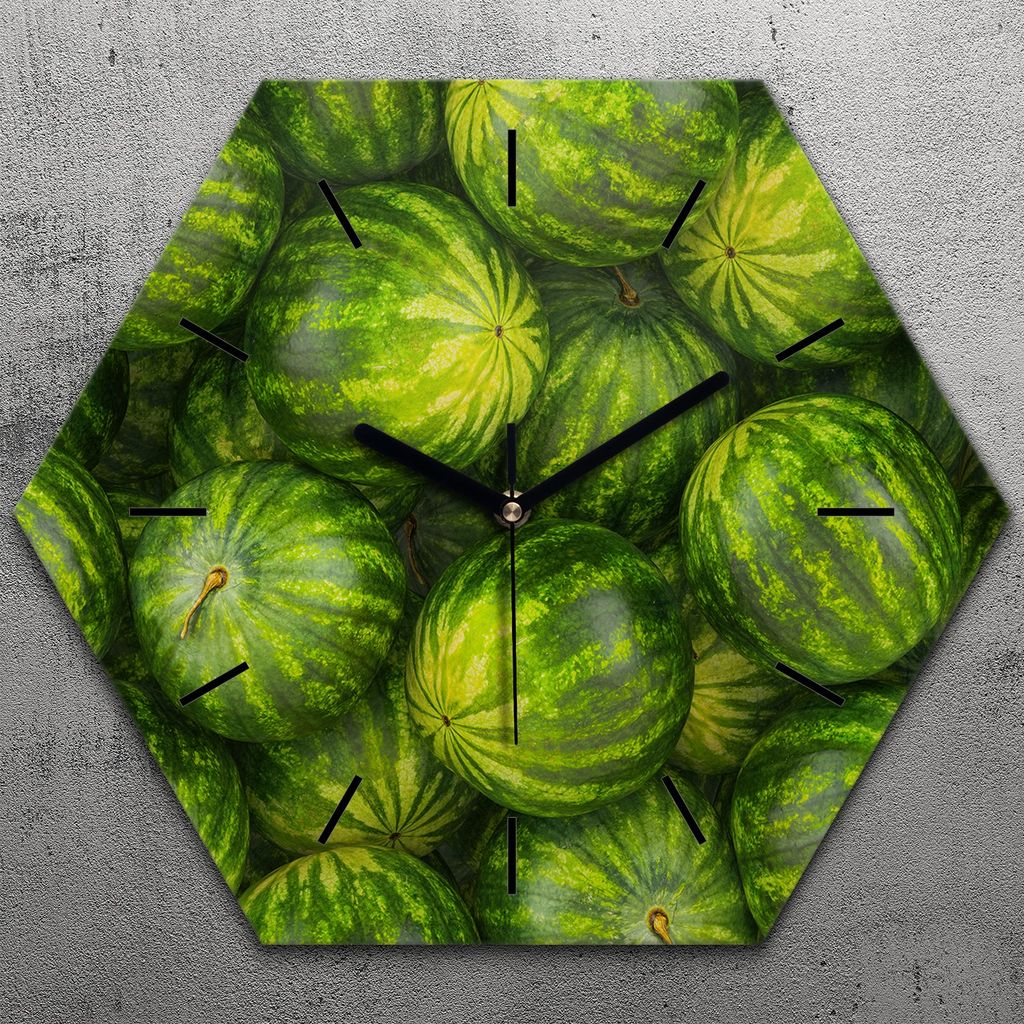 Uhr hexagonal 40 cm Glas Geräuschlos schwarze Zeiger - Wassermelonen
