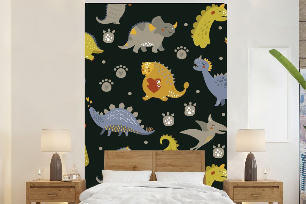 MuchoWow Fototapete für Wohnzimmer oder Schlafzimmer Wandtapete Vinyl Motivtapete Dino - Kinder - Schnittmuster - Jungen - Mädchen - Dinosaurie...