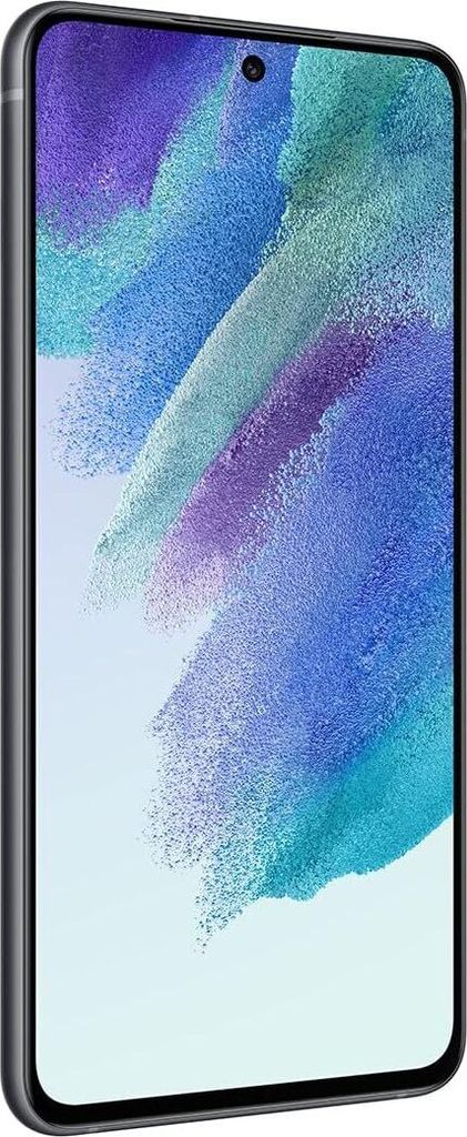 A side view of a black Samsung Galaxy S21 FE 5G smartphone.