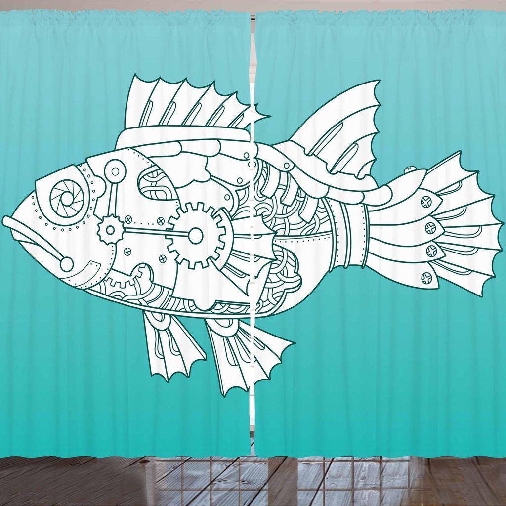 ARANDE Steampunk Gardine, Mechanisches Fisch-Schattenbild des Gekritzels im See-von Hand gezeichneten Bild, 280 x 225 cm, Türkis Dunkel Teal