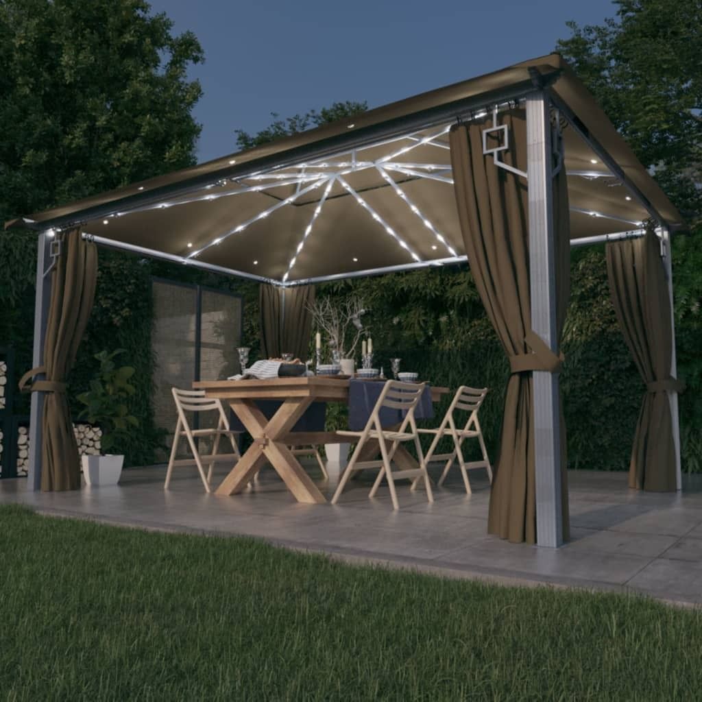 The Living Store Pavillon mit Vorhängen & LED-Lichterkette 400x300 cm Taupe Alu