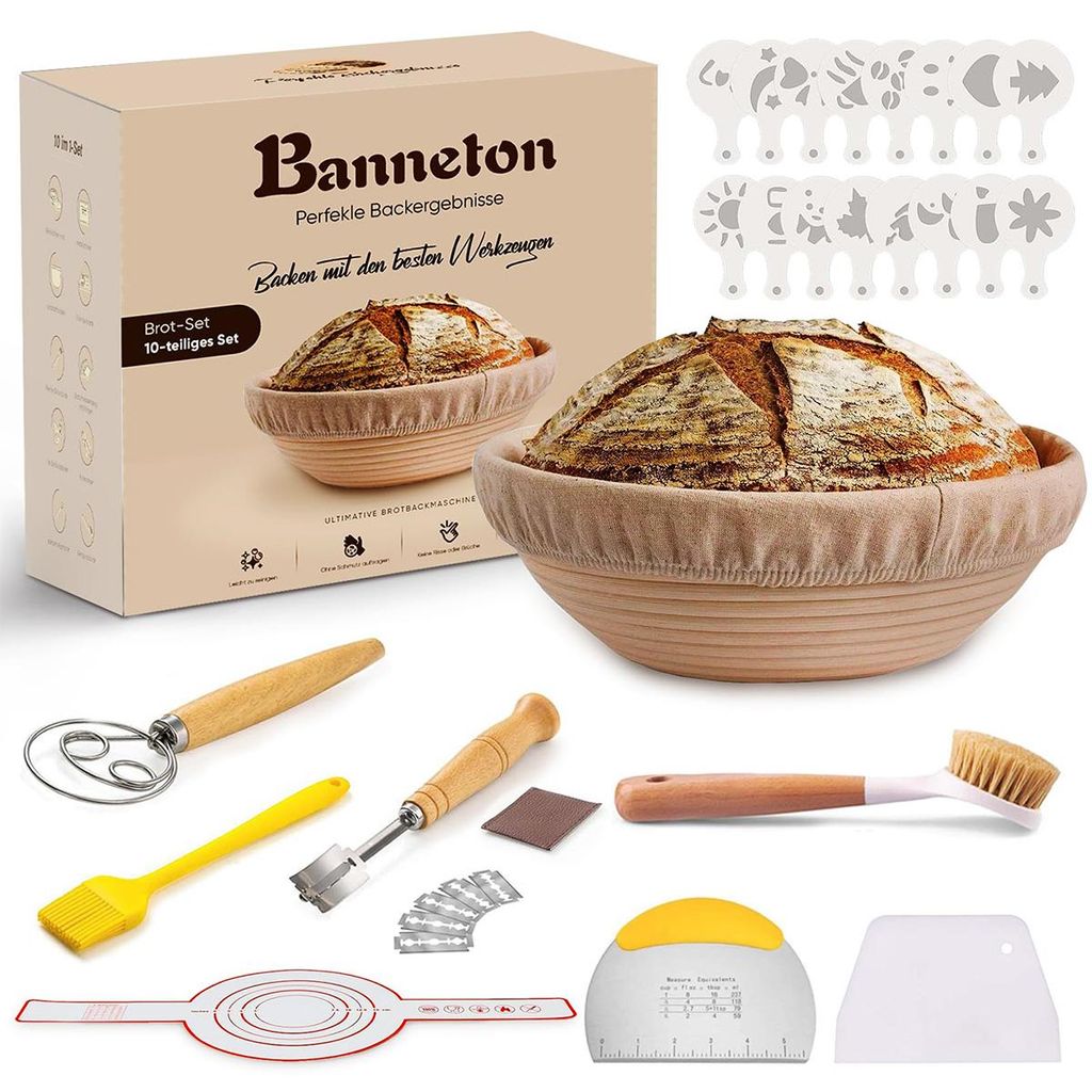 10-teiliges Gärkörbchen Brot Set,23cm Gärkörbchen und Komplettset Backzubehör,Gärkörbchen zum Brotbacken Gärkörbchen rund Starterset für ...