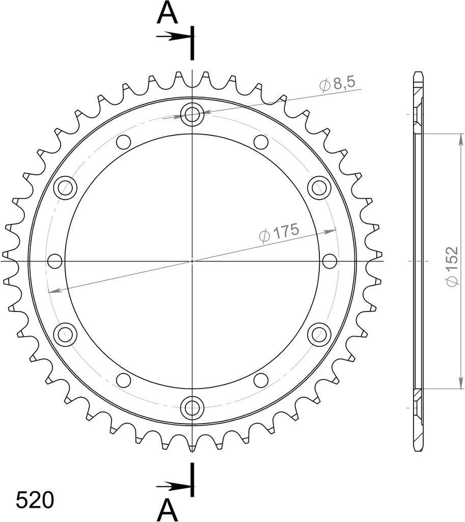 Stahl-Kettenrad Supersprox 520 - 43Z (schwarz) RFE-853:43-BLK|ID 152,0 LK 175,0 6-Loch