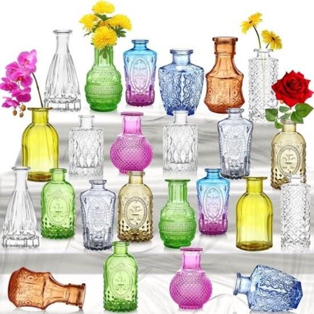Bunte kleine Vasen – 24er-Set – Vintage-Glasdekoration für jedes Interieur
