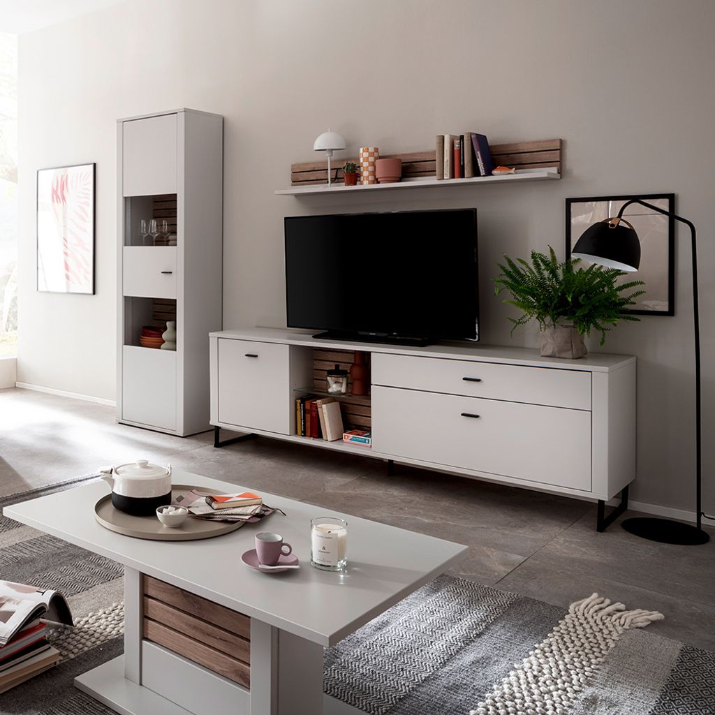 Wohnmöbel Set weiß mit Eiche-Lamellen LAUREANA-05 4-teilig, mit LED-Beleuchtung