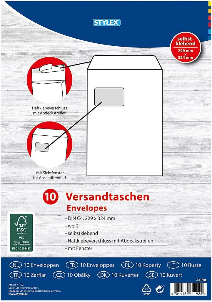 Pochettes d'expédition DIN C4 avec fenêtre pour documents A4 - 10 pcs