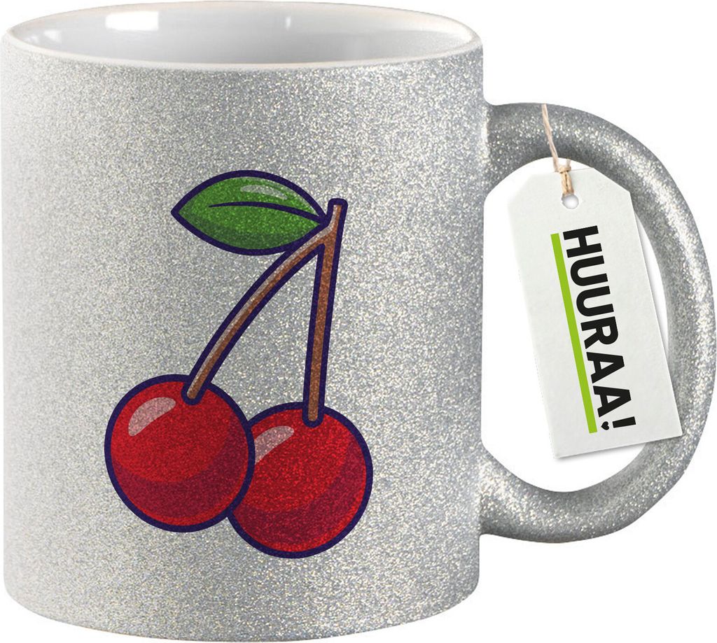 Huuraa Glitzertasse Kirsche Comic 330ml Silber Keramik Kaffeebecher Geschenkidee