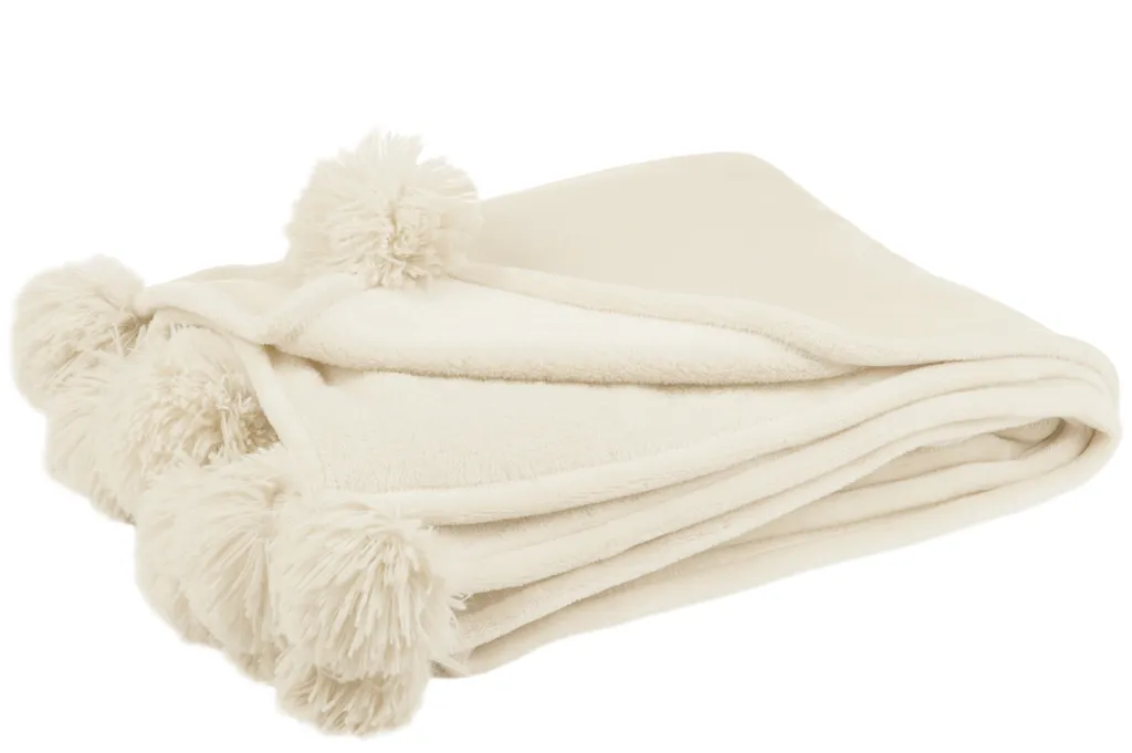 Jeté de Canapé Crème à Pompons J-Line - Couverture Douce en Polyester - 4