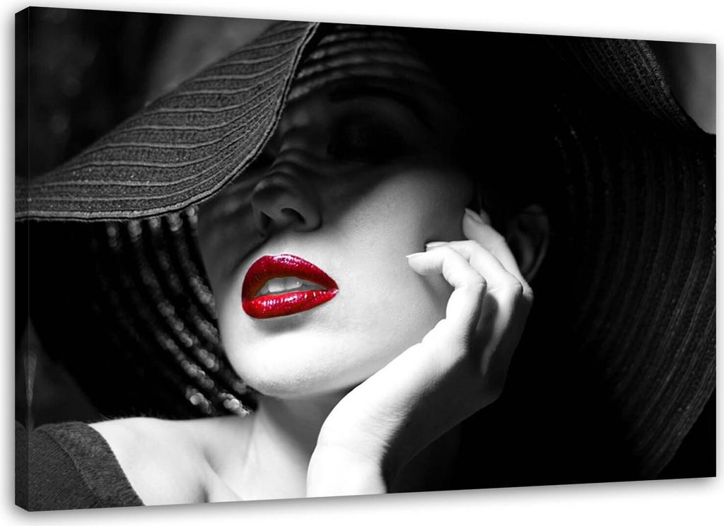 Leinwandbild mysteriöse frau mit hut 90x60 cm Feeby grau wandbild bereit zum aufhängen