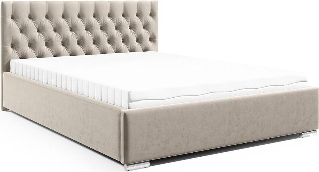 LIKMA Polsterbett GV1 Creme 140x200 cm mit Stauraum Verchromte Füße Doppelbett mit Kopfteil 11 cm Gepolsterter Stoffett mit Gaslift Ohne Matratze
