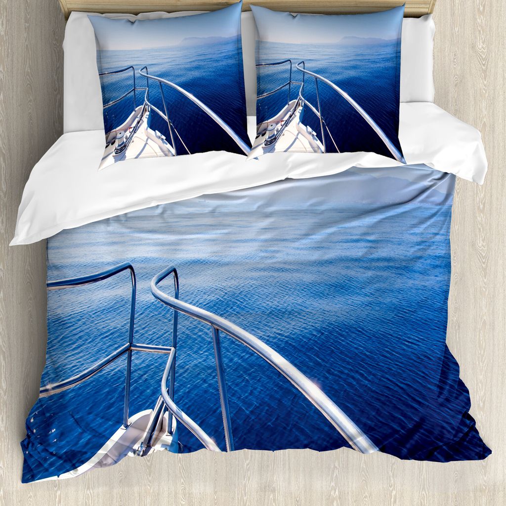 ABAKUHAUS Marine Bettbezug, Boot Yacht Ozean-Landschaft, Milbensicher Allergiker geeignet mit Kissenbezügen, 155 cm x 220 cm - 80 x 80 cm, Marine-...
