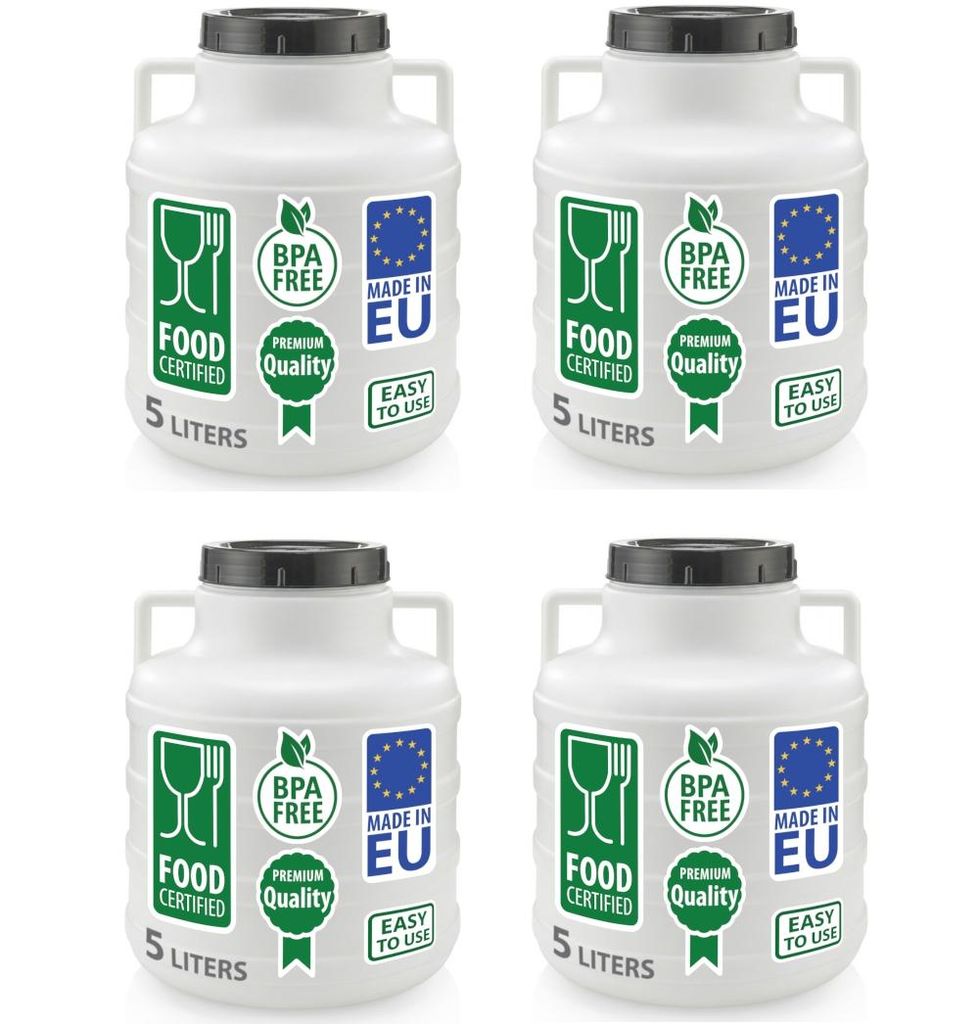 4er Set Weithalsfass Sauerkrautfass Fasssilage Regen Fass Gepäcktonne Camping 5 Liter mit Deckel weiß