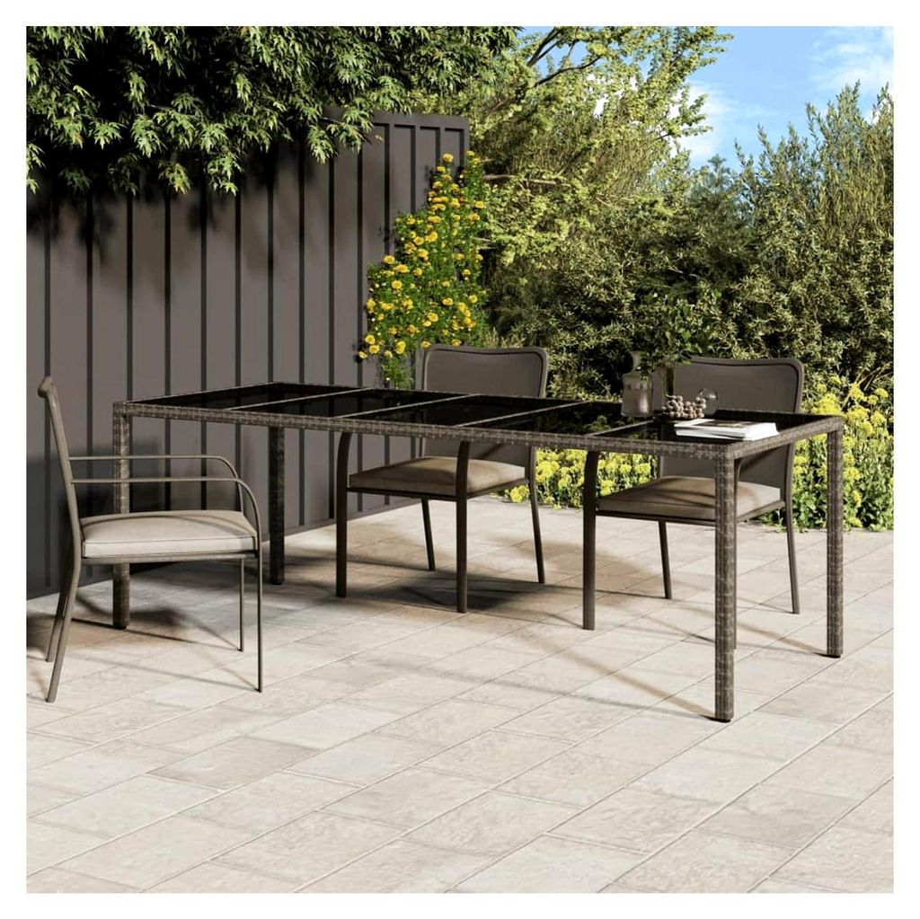 Gartentisch aus Polyrattan für den Außenbereich, wetterfest, grau, 250x100x75 cm, mit Hartglas