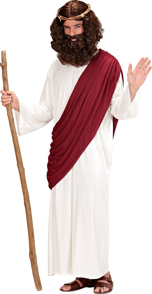 A man dressed as Jesus, holding a staff and wearing a robe and crown of thorns.