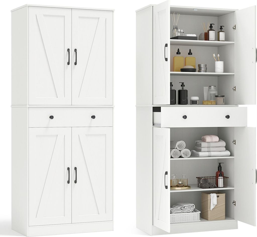 A white storage cabinet shown from two angles, one closed and one open to reveal its interior.