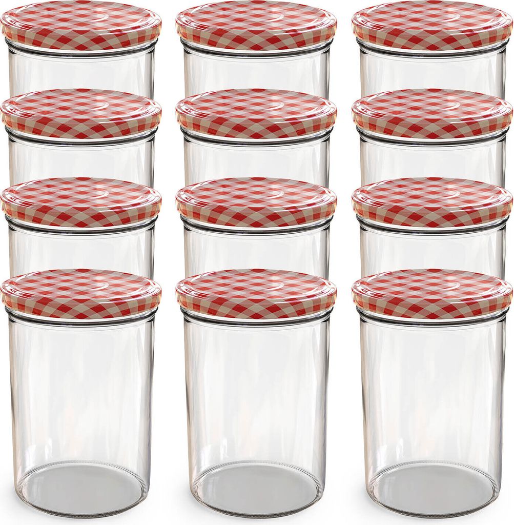 Oputec 12x 440 ml Einmachgläser mit Schraubdeckel rotkariert – Perfekt für Konfitüren, als Vorratsgläser mit Deckel Marmeladengläser und Sch...