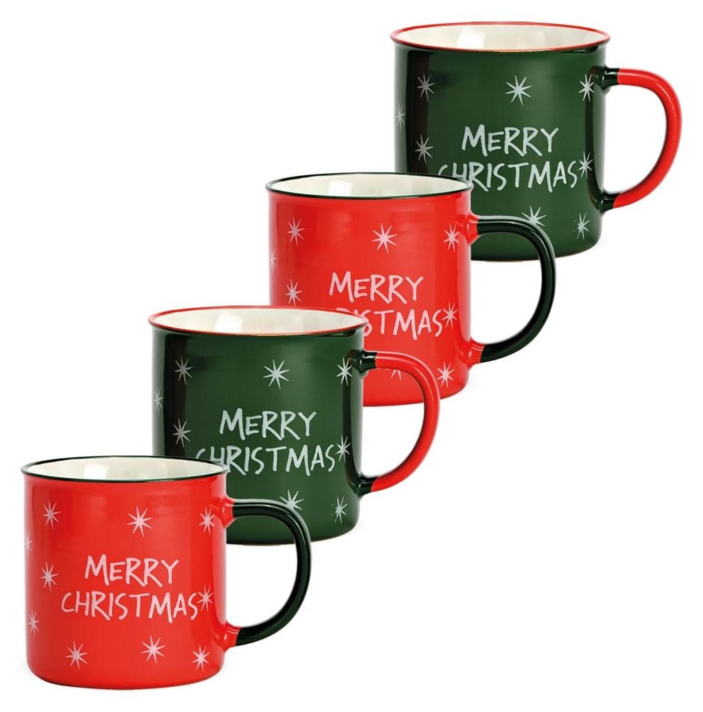 Große Spruch Email-Optik Weihnachts-Tassen 4er Set rot grün Produktbild 