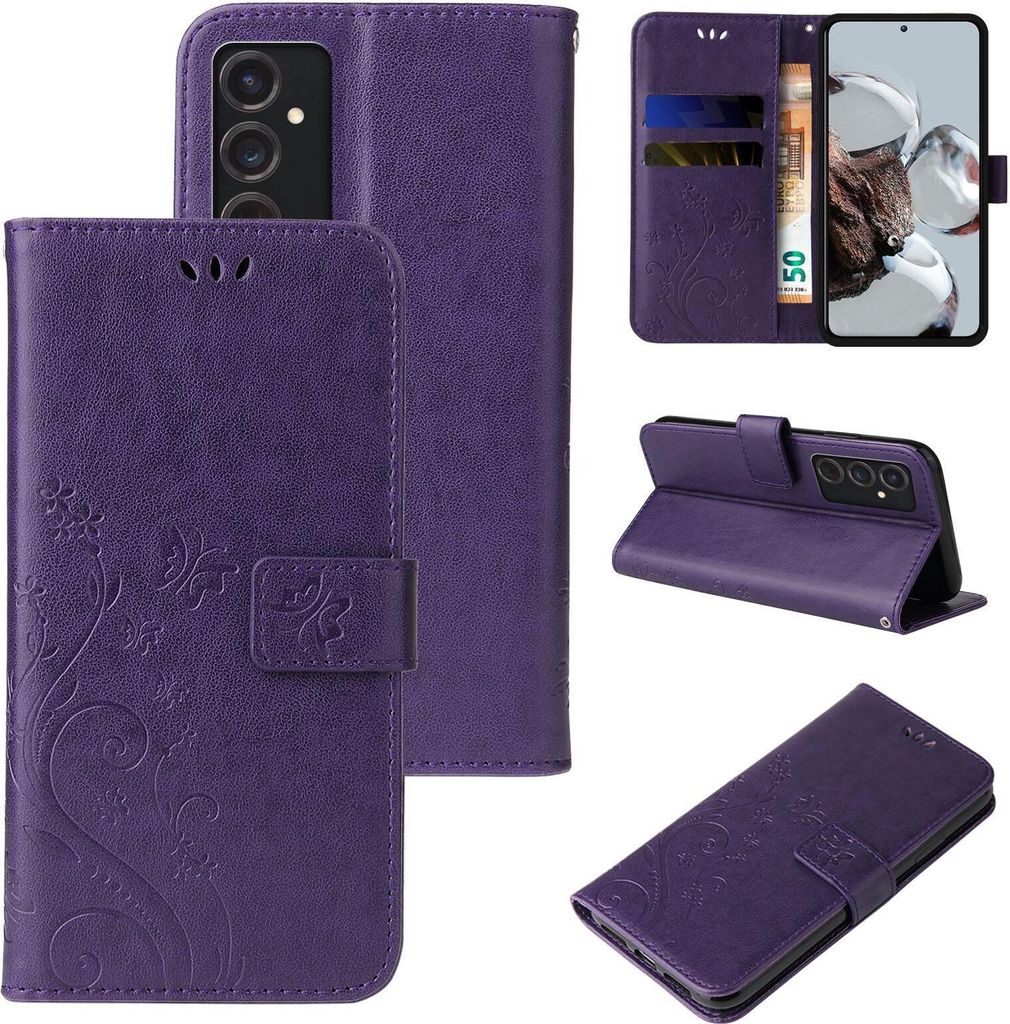 Handyhülle für Samsung Galaxy S24+ Floral Blumen Schmetterling Flip Cover Hülle Case Klapphülle Handytasche Farbe: Violett