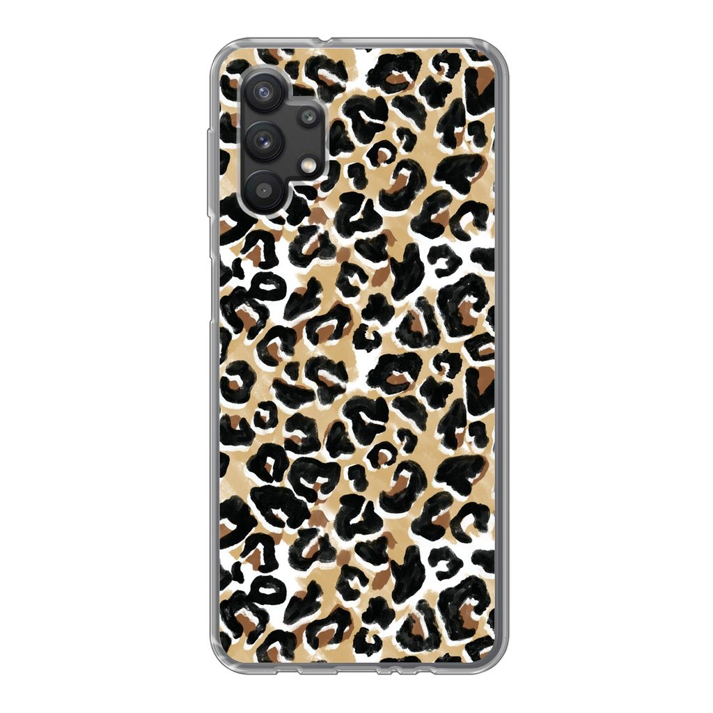 MuchoWow Handyhülle Schutzhülle Hülle für Samsung Galaxy A32 5G Tierdruck - Panther - Braun - Aquarell Silikon Softcase Handy Hülle - Softcase