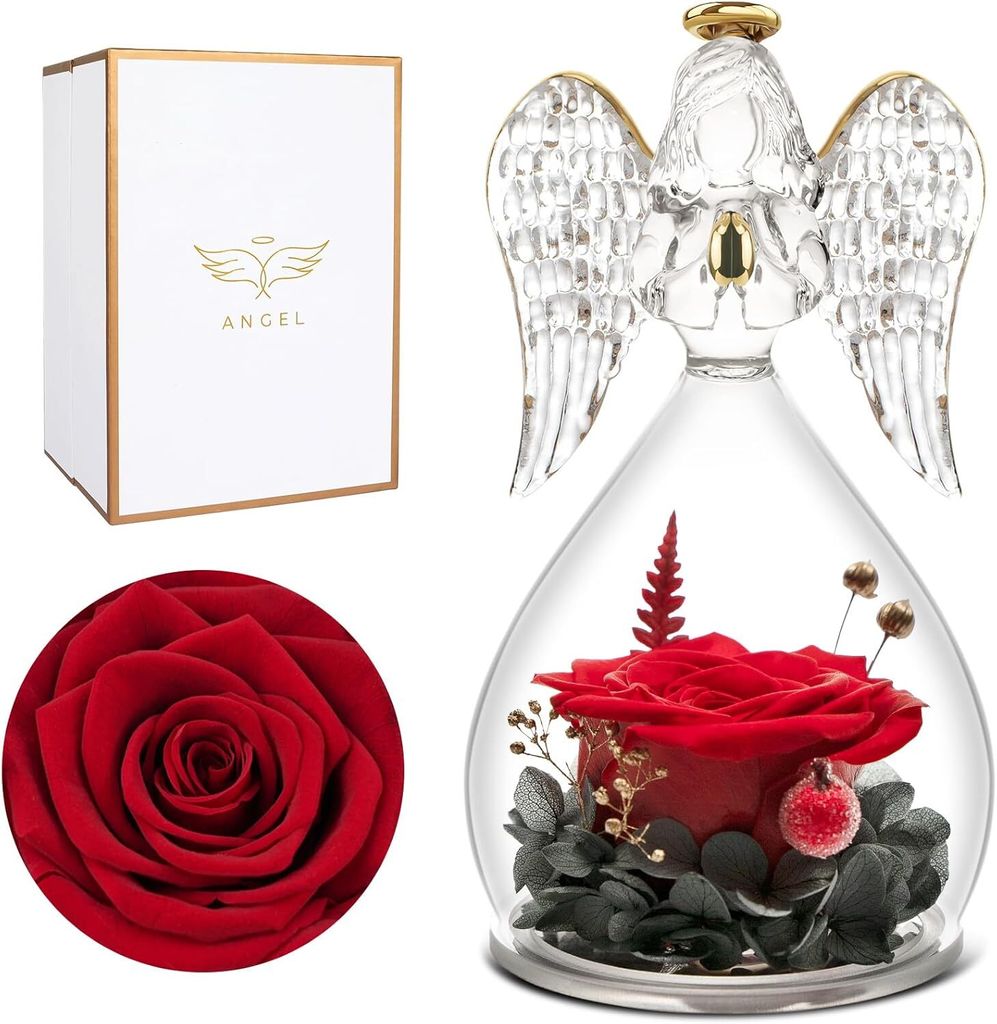 Ewige Rose im Engel Figur – Handgefertigtes Geschenk für Mama, Perfekt für Geburtstage, Weihnachten, Muttertag und Jahrestage