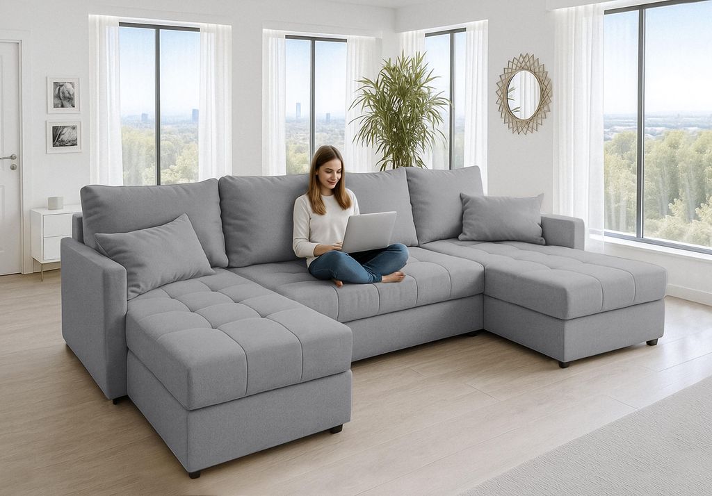 AX LIVING Ecksofas groß Dolceo 287 cm – Sofa grau mit Schlaffunktion & Ottomane