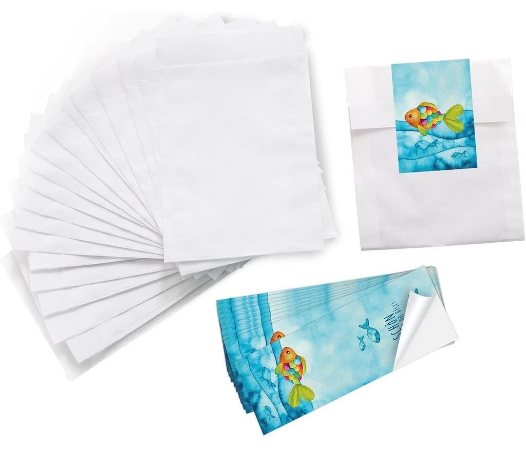 10 kleine weiße Papier-Tüten 10,5 x 15 cm Verpackung give-away+ 10 blau türkise Regenbogen-Fisch SCHÖN DASS DU DA BIST Aufkleber 5 x 15 cm Verp...