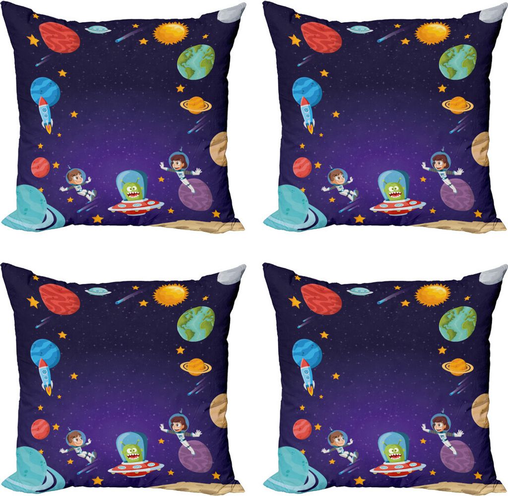 ABAKUHAUS Außerirdischer Kissenbezug Set (4 Stück), Astronaut Kinder Weltraum, Moderner Doppelseitiger Digitaldruck, 45 cm x 45 cm, Indigo Multic...