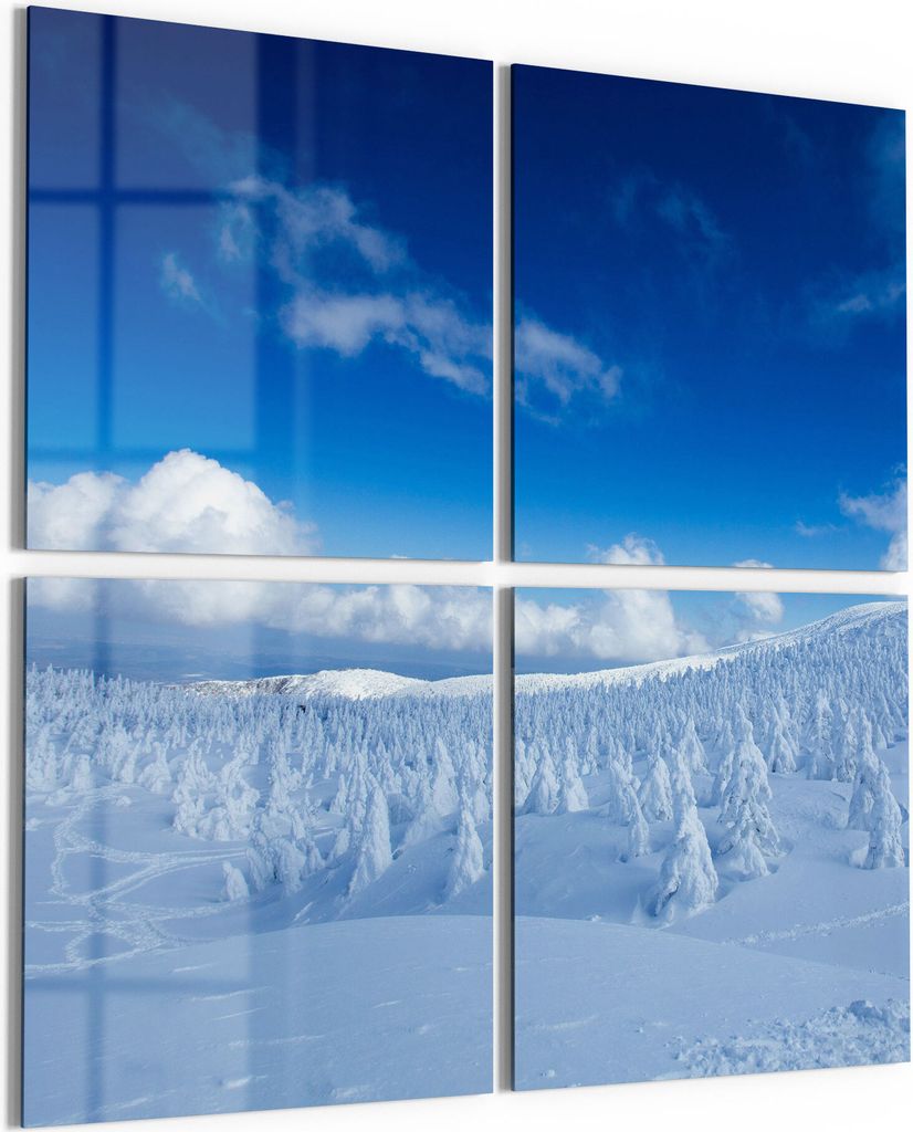 DEQORI Glasbild Echtglas 4x50x50 cm 'Hochschnee Landschaft' Wandbilder XXL groß