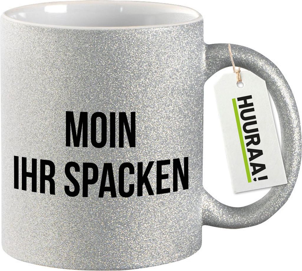 Huuraa Glitzertasse Moin ihr Spacken Spruch 330ml Silber Keramik Kaffeebecher Geschenkidee