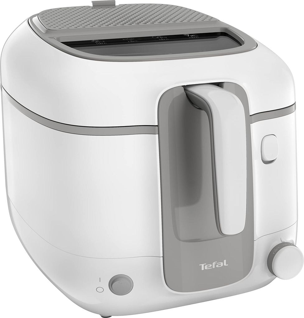 A white and gray Tefal deep fryer is shown from a front-side angle against a white background.