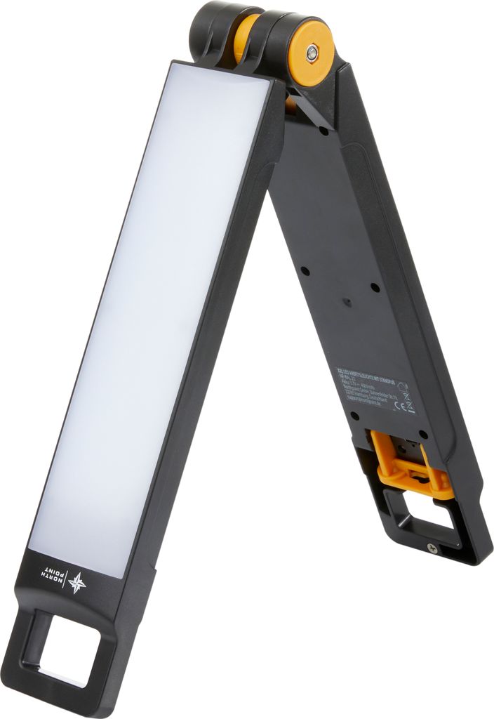A foldable LED work light with a battery.