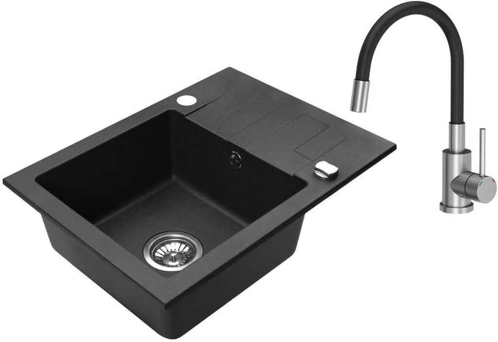 VBChome Granitspüle 59 x 44 cm Schwarz mit flexibler Armatur Einzelbecken Einbauspüle Reversibel Gesprenkelt Pflegeleichtes Spülbecken mit Siphon
